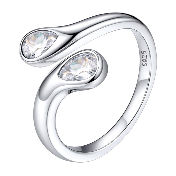 SILVORA 925 Sterling Silver Adjustable Ring Wrap 2 Pear Shaped CZ Gemstones - Picture 1 of 2